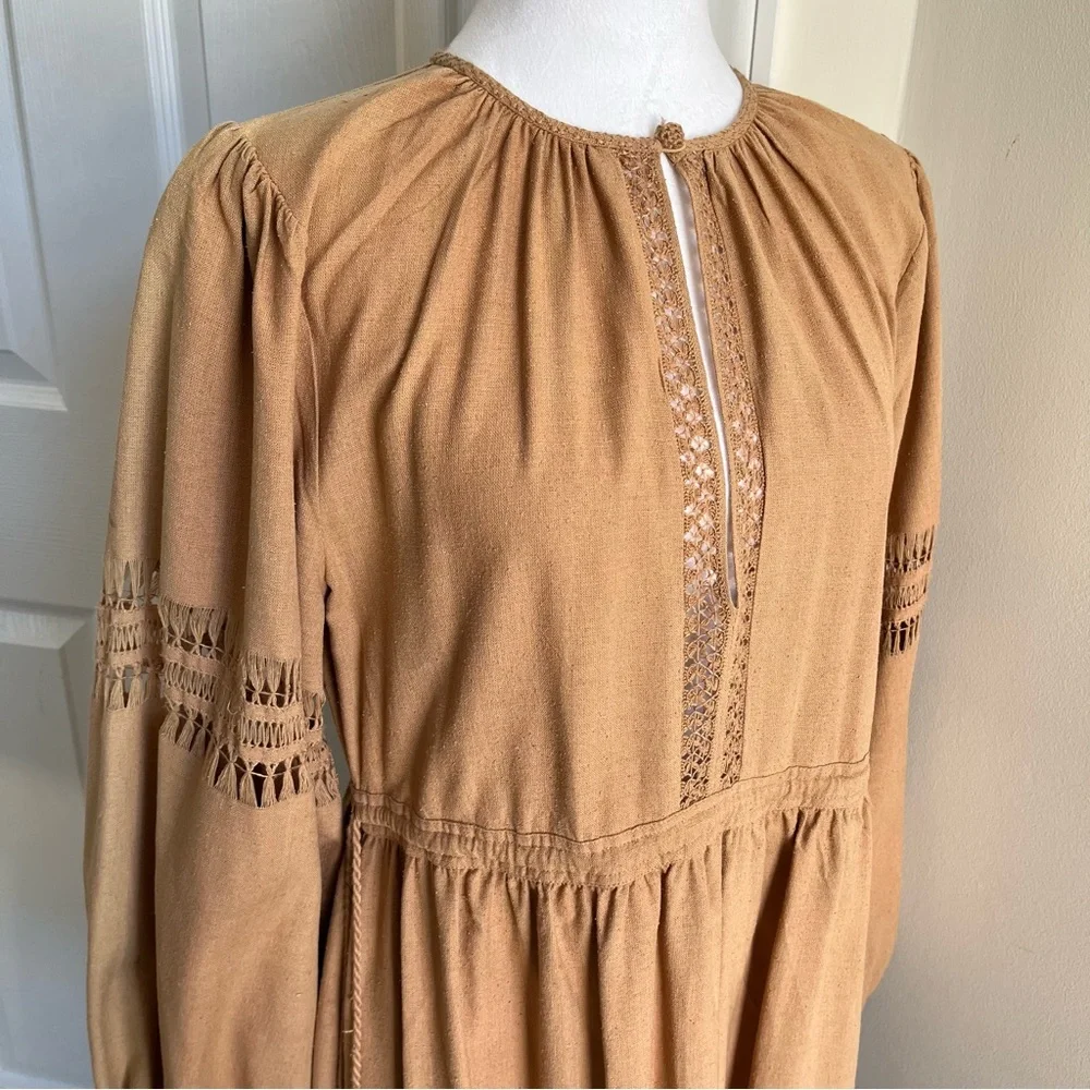 Ulla Johnson Kalea 100% Raw Silk Knit Long Sleeve Midi Dress Brown Beige Tan 4 S - Picture 4 of 11